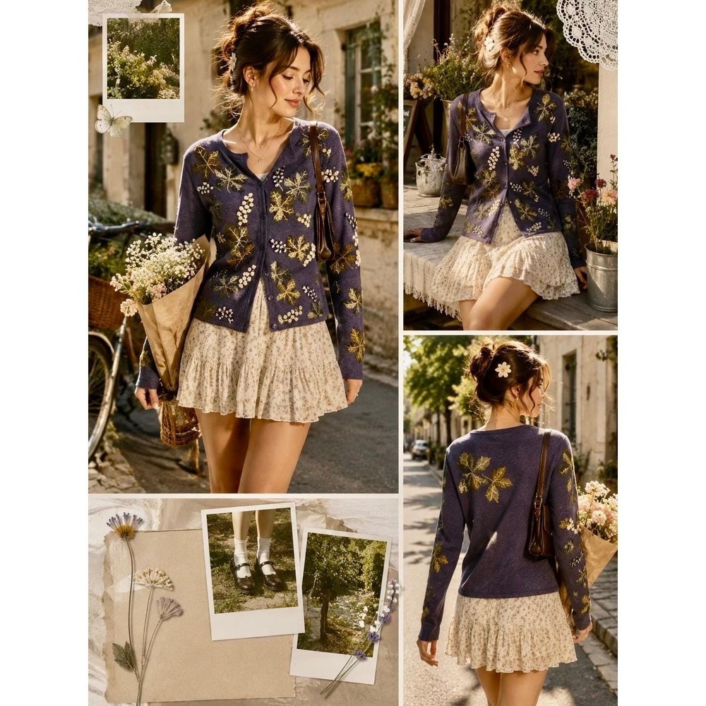 Talbots Petites M Blue Floral Embroidered Cardigan Vintage Cottagecore